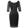 Kate Kasin Mujer 3/4 cuello de manga cuello Hips-Wrapped Negro Lace Bodycon lápiz vestido KK000506-1